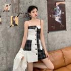Plain Long-sleeve Loose-fit Shirt / Plaid Panel Striped Sleeveless Dress
