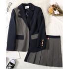 Set: Single-breasted Two-tone Blazer + Pleated Mini A-line Skirt