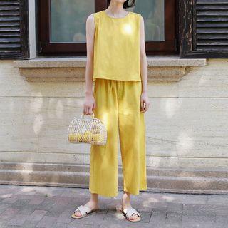 Set: Sleeveless Top + Wide Leg Pants Set - Top - Yellow - One Size / Wide Leg Pants - Yellow - One Size