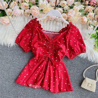 Drawstring Puff-sleeve Floral Print Chiffon Blouse