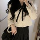 Long-sleeve Tie-neck Tweed Jacket / Plain Pleated Mini Skirt