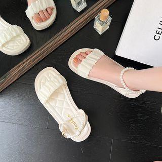 Faux Pearl Strap Shirred Sandals