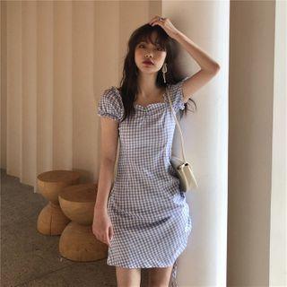 Gingham Drawstring Short-sleeve Mini Sheath Dress Blue - One Size