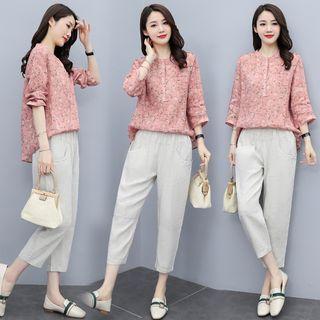Set: 3/4-sleeve Floral Blouse + Loose Fit Cropped Pants