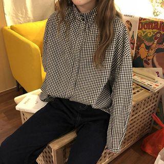 Stand Collar Gingham Shirt Plaid - Black & White - One Size