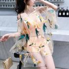 Set: Off-shoulder Embroidered Dress +bikini