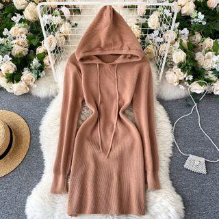 Hooded Drawstring Long-sleeve Knit Dress
