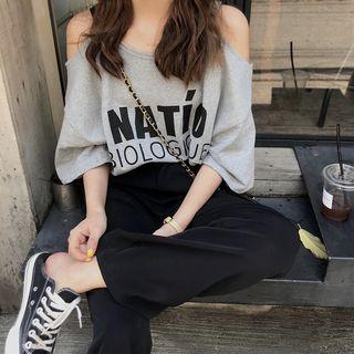 3/4-sleeve Lettering Cold-shoulder T-shirt
