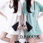 Elbow-sleeve Lace Panel A-line Dress