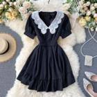 Embroidered Peter Pan Collar Color Block Panel Puff-sleeve Dress