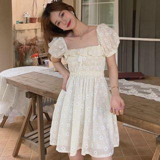 Ruffle Trim Short-sleeve A-line Lace Dress Off-white - One Size