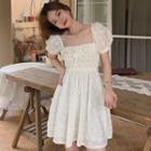 Ruffle Trim Short-sleeve A-line Lace Dress Off-white - One Size