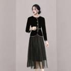 Set: Long-sleeve Button-up Top + Mesh Overlay Skirt