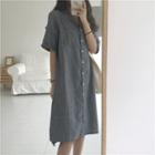 Striped Short-sleeve Shirt Dress As Shown In Figure - One Size
