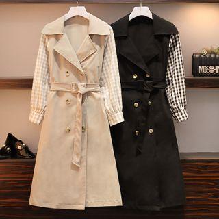 Gingham-sleeve Double-breasted Coat Dress