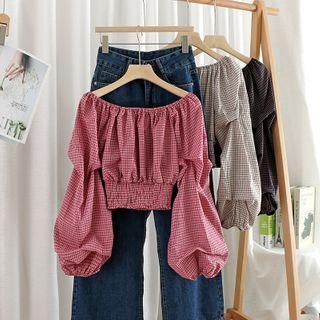Off Shoulder Plaid Puff-sleeve Blouse