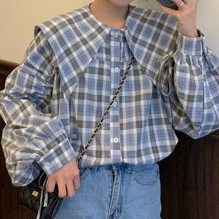 Collared Drawstring Plaid Blouse