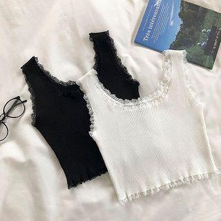 Plain Crewneck Lace-trim Tank Top