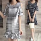 Short-sleeve Cold-shoulder Striped Mini T-shirt Dress