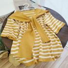 Short-sleeve Striped Shawl Collar Knit Top