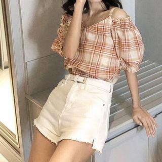 Cold-shoulder Plaid Blouse Red - One Size