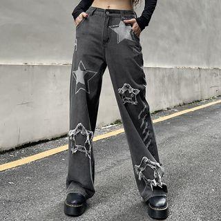 Star Print Distressed Loose Fit Jeans