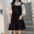 Spaghetti Strap Tiered Mini A-line Dress / Long-sleeve Blouse