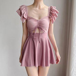 Drawstring Cutout Ruffled Swimdress