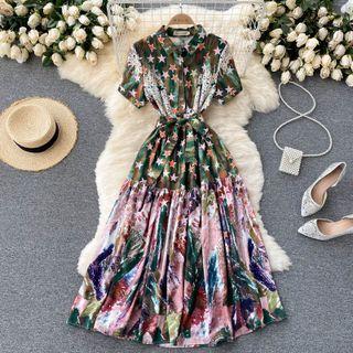 Print Short-sleeve Color Block Panel Dress