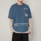 Mock Two-piece Long-sleeve Lettering Distressed T-shirt