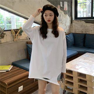Distressed Long-sleeve Loose-fit Top White - One Size