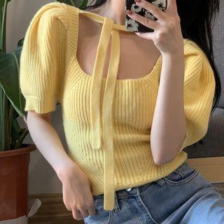 Puff-sleeve Tie-front Knit Top