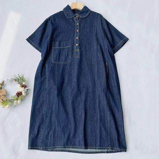 Short-sleeve A-line Denim Polo Dress Dark Blue - One Size