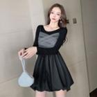 Set: Spaghetti Strap Mesh Dress + Long-sleeve Dress Black - One Size