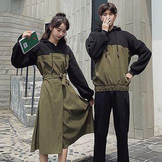 Couple Matching Set: Two-tone Hoodie + Hooded Tie-waist Midi A-line Dress