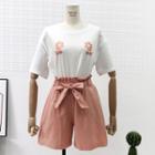 Set: Flower-print T-shirt + Paperbag-waistline Plain Shorts