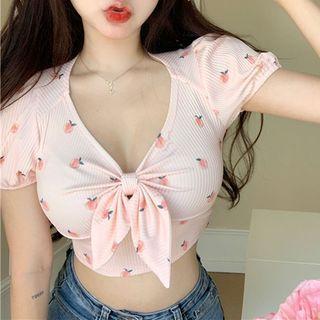 Short-sleeve Peach Print Crop Top