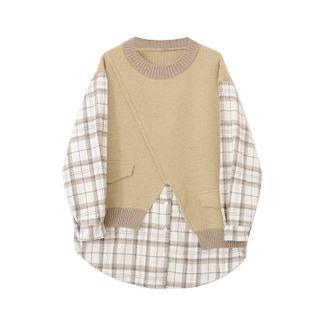 Mock Two-piece Knit Panel Plaid Top
