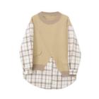 Mock Two-piece Knit Panel Plaid Top