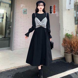 Set: Long-sleeve Midi A-line Dress + Beaded Twist-front Camisole Top
