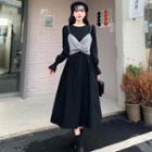 Set: Long-sleeve Midi A-line Dress + Beaded Twist-front Camisole Top