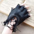 Lace Up Faux Leather Fingerless Gloves S0088 - Black - One Size
