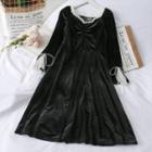 Mesh-trim Ruched Velvet Dress Black - One Size