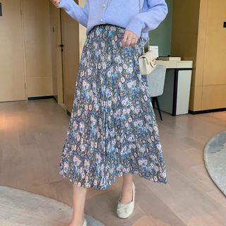 Floral Print A-line Skirt Purplish Blue - One Size