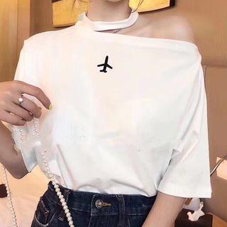 Elbow-sleeve Embroidered Choker Neck T-shirt