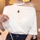 Elbow-sleeve Embroidered Choker Neck T-shirt