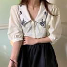 Balloon-sleeve Floral Embroidered Blouse / Wide Leg Shorts