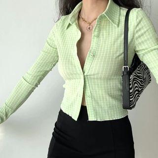 Cropped Lapel Plaid Shirt