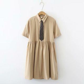 Short-sleeve Collared A-line Dress / Striped Tie / Set