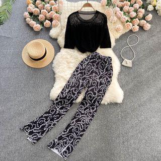 Set Of 2 : Round-neck Knit Short-sleeve Top + Print Slit Wide-leg Pants